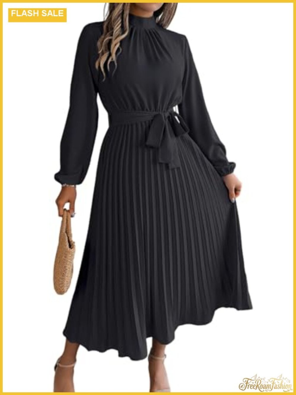 Women's Flowy Pleated Midi Dress Long Sleeve A-Line